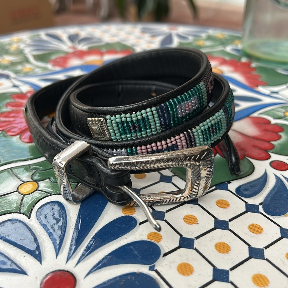 Brighton Thin Beaded Studded Black Leather Belt size M /30 western